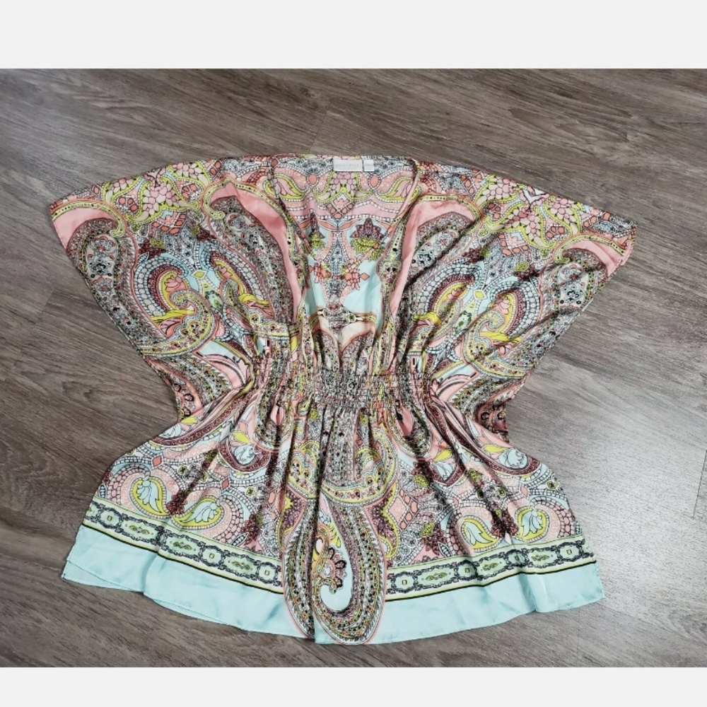Bisou Bisou Silky Kimono Sleeve Tunic Top Handkerchief Boho Print S